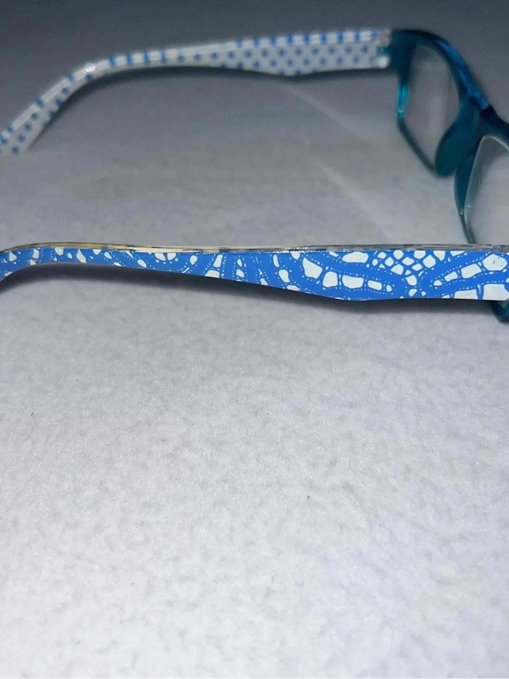 Vintage blue rectangular reading +2.75 glasses with a polka-dot pattern